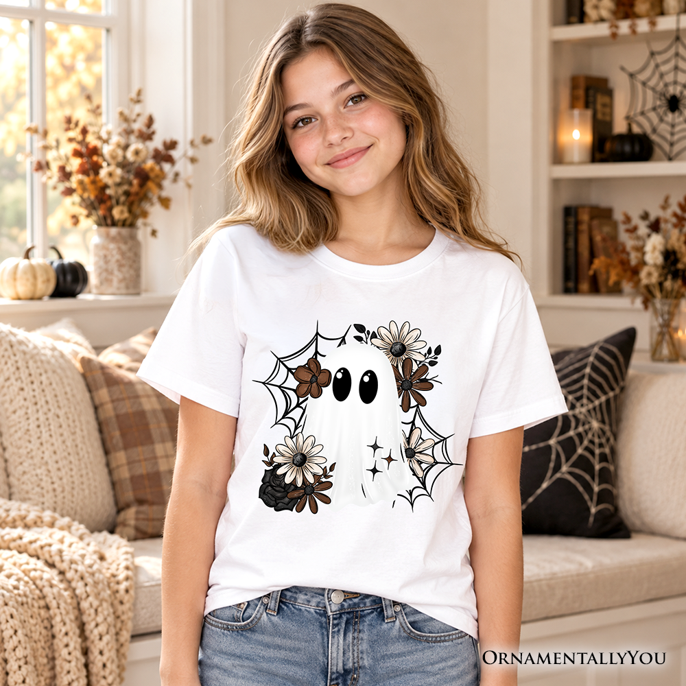 Kids Floral Ghost T-Shirt, Neutral Boho Halloween Spider Web Youth Tee