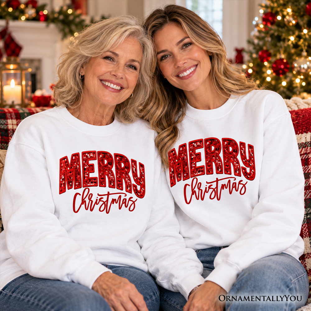 Merry Christmas Sequin Sweatshirt, Bold Red Glitter Sweater for Festive Holiday Season