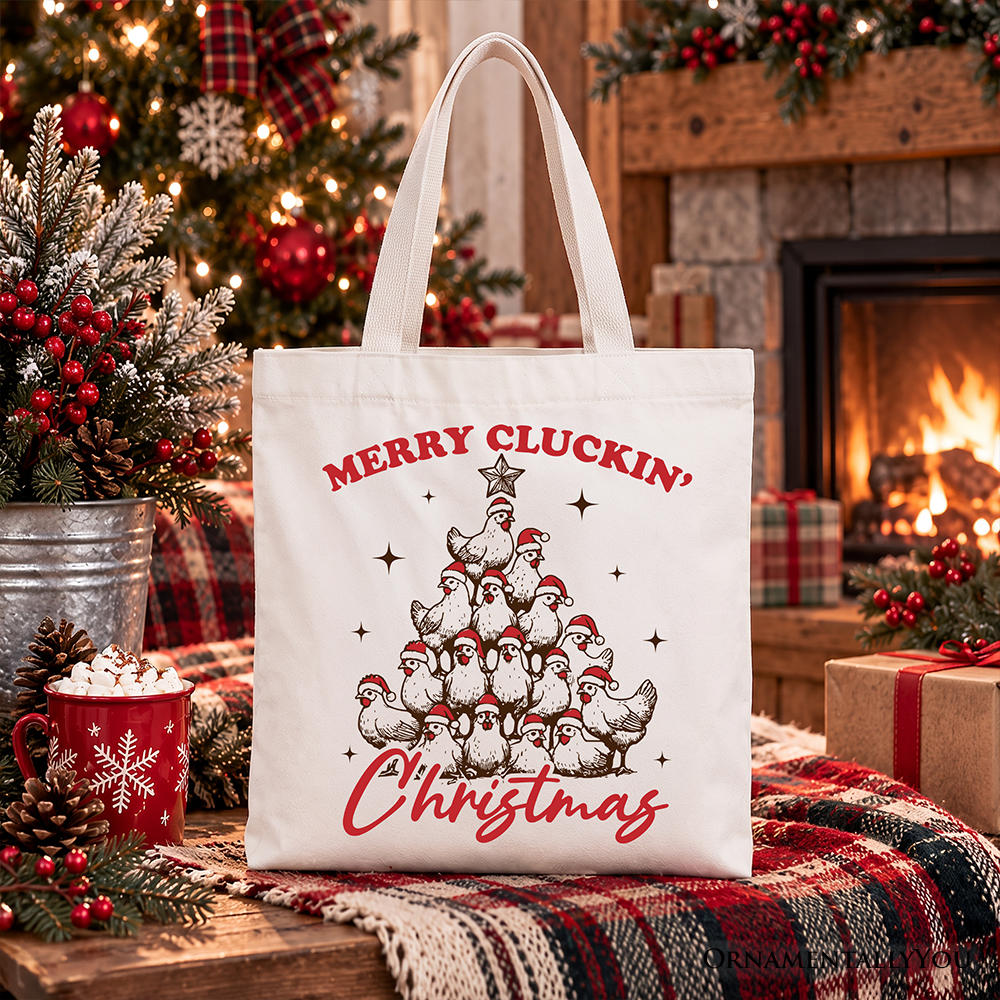 Merry Cluckin' Christmas Tree Tote Bag, Funny Santa Hat Chicken Farmhouse Gift Shopper