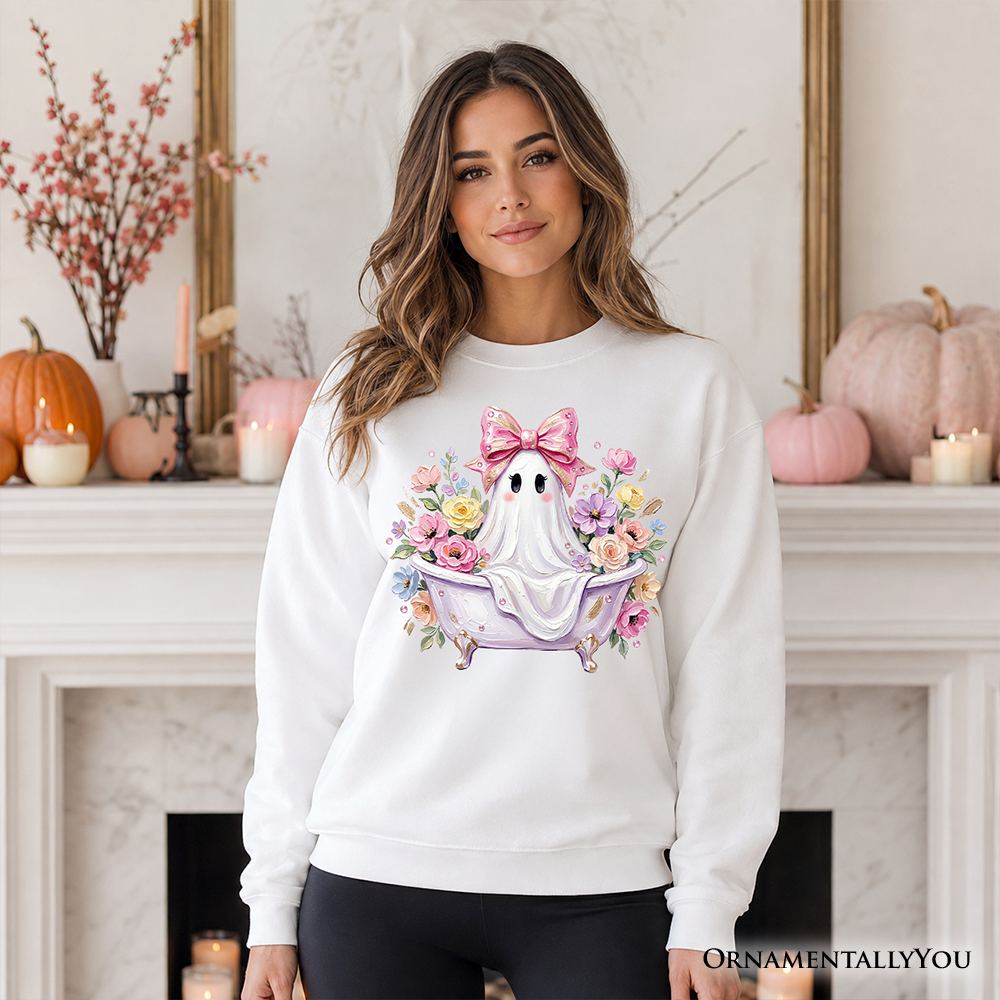Pink Bow Bathtub Ghost Sweatshirt, Floral Coquette Halloween Sweater