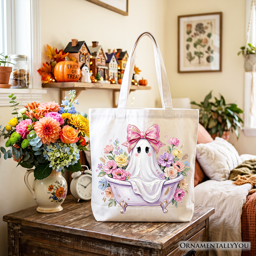 Pink Bow Bathtub Ghost Tote Bag, Floral Coquette Halloween Gift Shopper