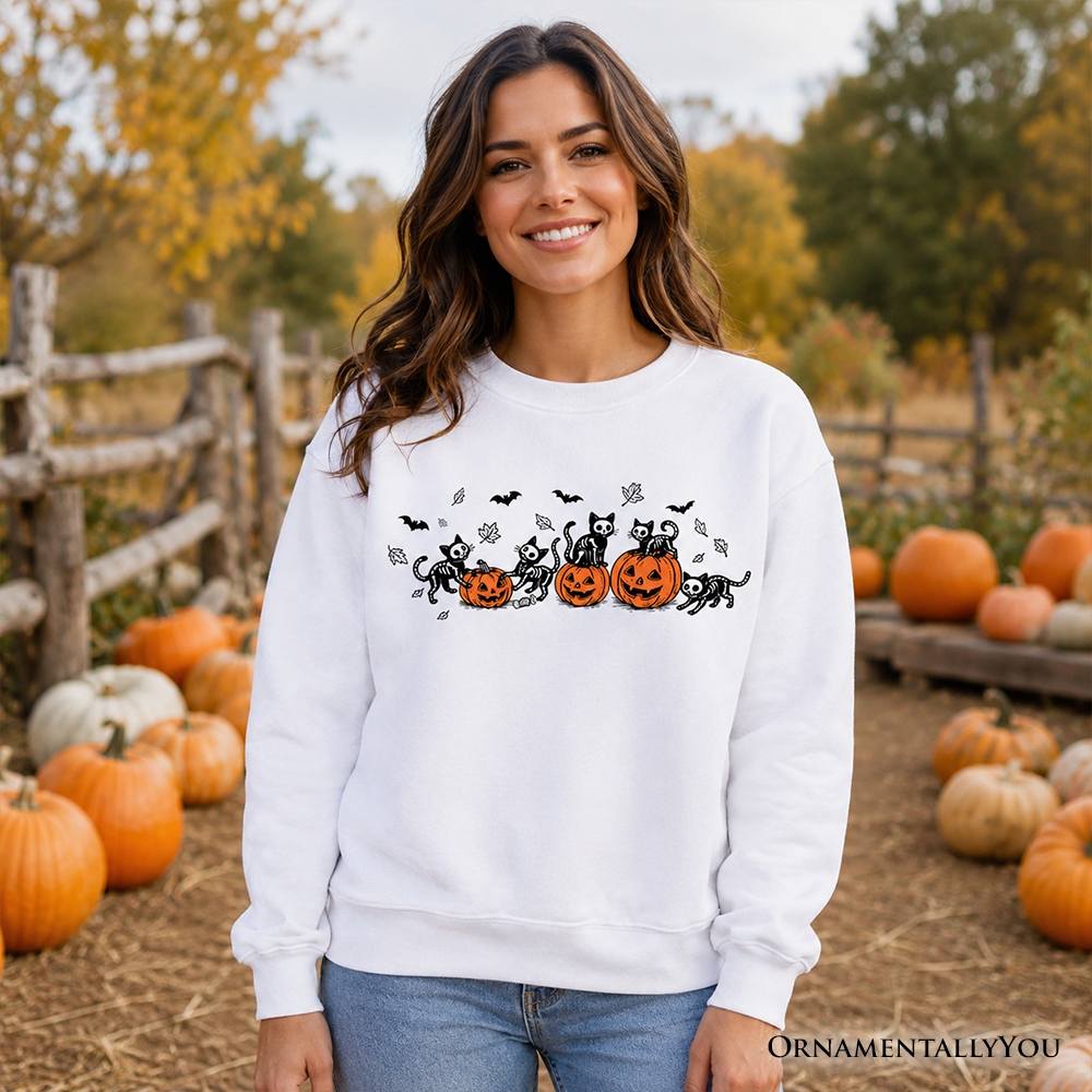 Skeleton Cats and Pumpkins Sweatshirt, Spooky Halloween Black Cat Sweater