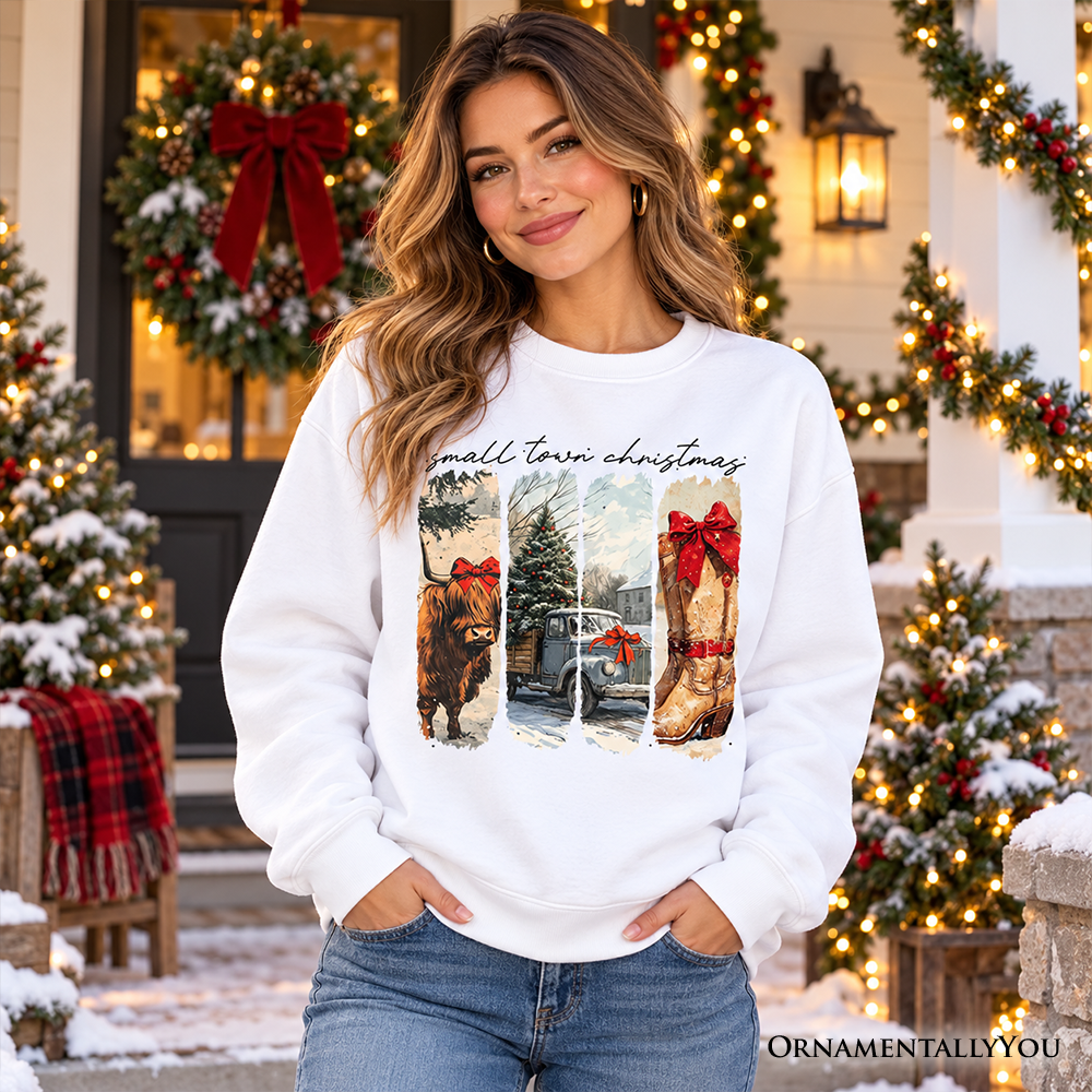Small Town Christmas Sweatshirt, Highland Cow Rustic Western Cowgirl Holiday Sweater
