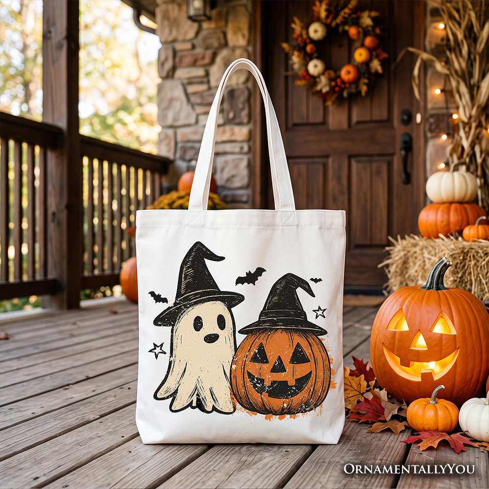 Witch Hat Ghost and Pumpkin Tote Bag, Vintage Halloween Jack O’ Lantern Gift Shopper