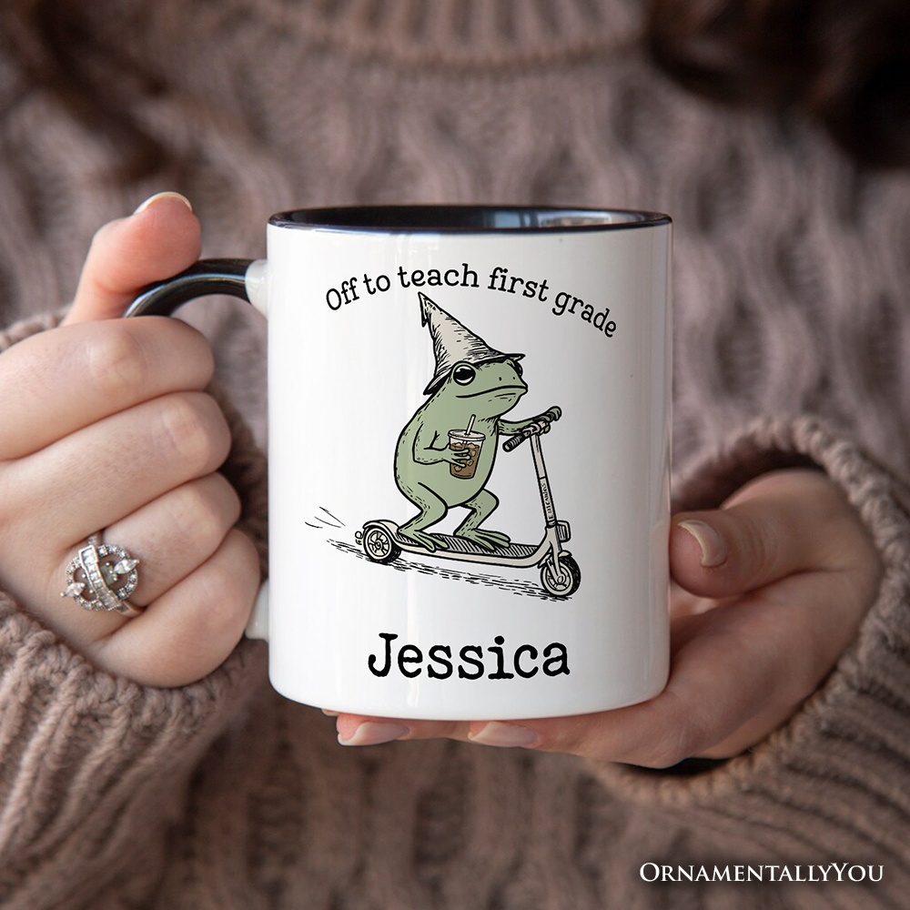 Off to Teach First Grade Frog Personalized Mug, Funny Teachers Gift with Custom Name