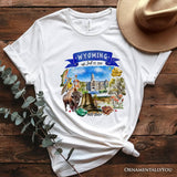 Artistic Wyoming State Themes and Landmarks T-Shirt, Tee for History and Travel Lovers