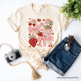 Boho Strawberry Coquette T-Shirt, Cute Bow and Floral White and Natural Tee for Sweet and Stylish Women
