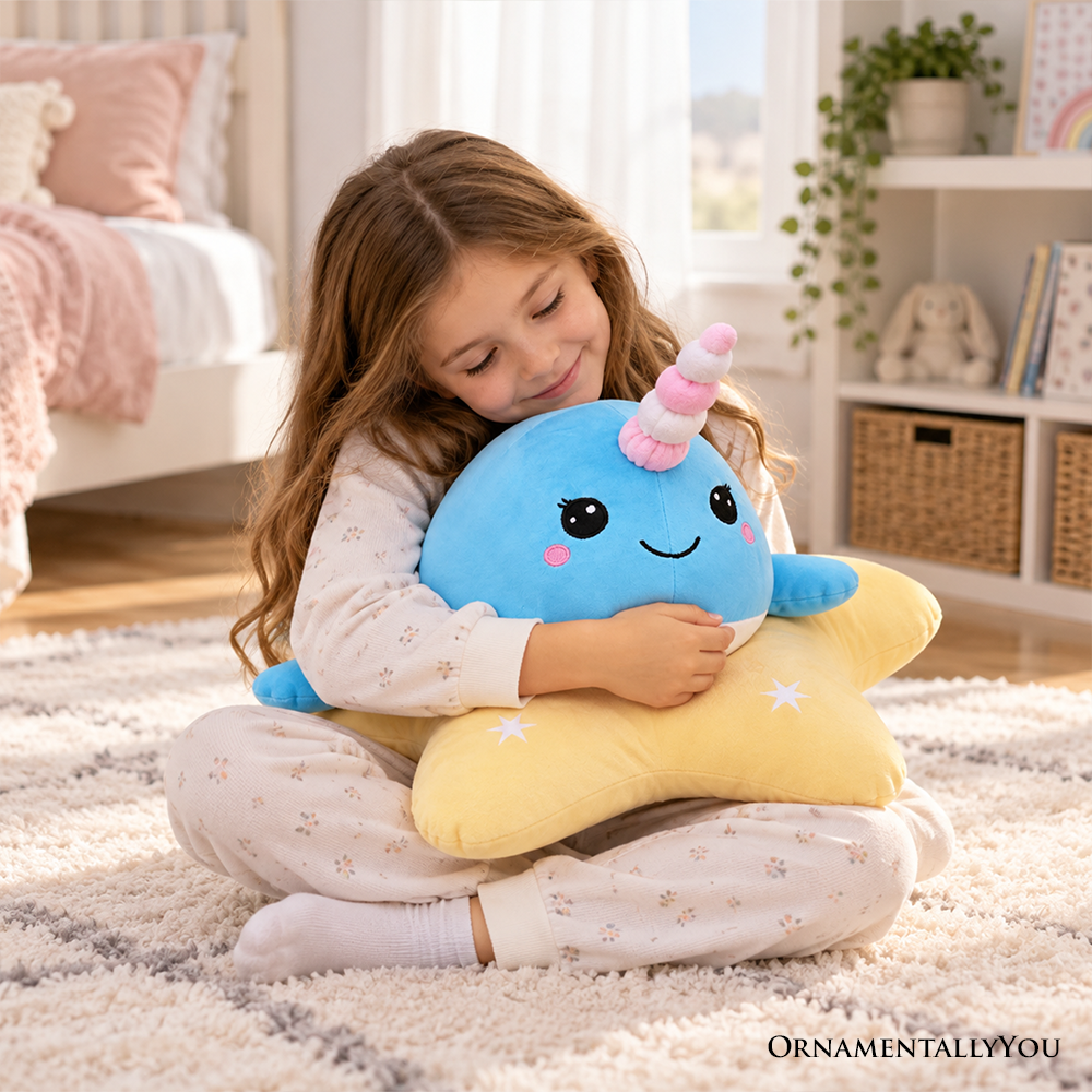 Celeste the Narwhal Plushie, Cute 17" Sea Unicorn Stuffed Animal on Star Pillow for Kids’ Gifts