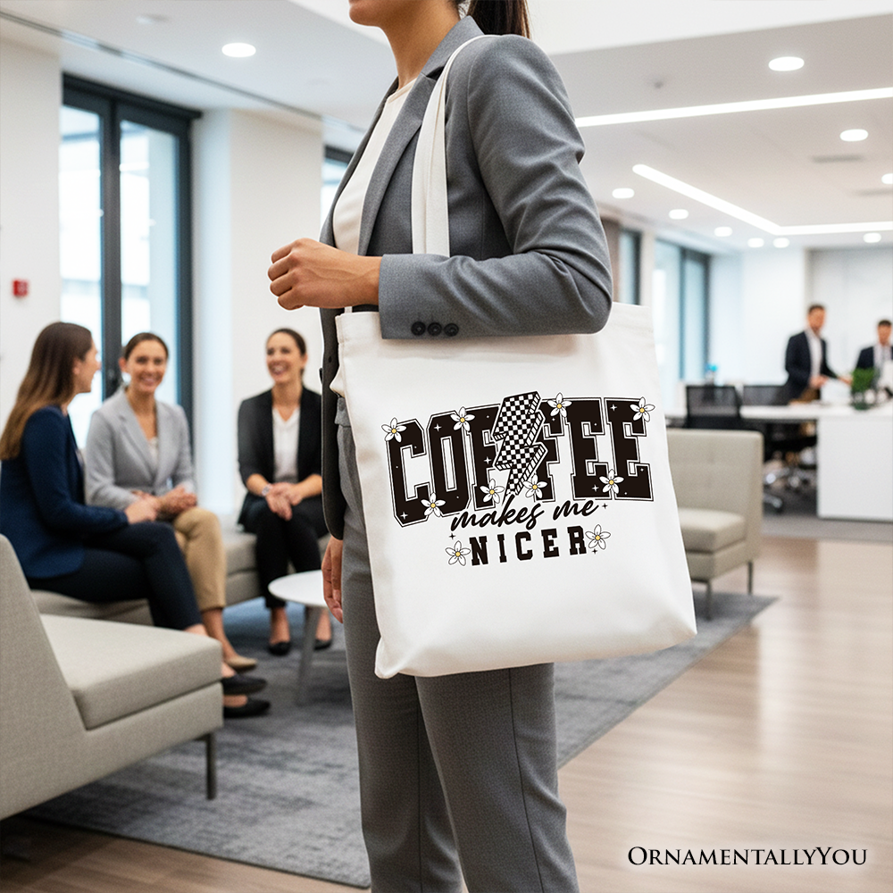 Coffee Makes Me Nicer Retro Tote Bag, Trendy Gift Shopper for Stylish Women and Caffeine Lovers