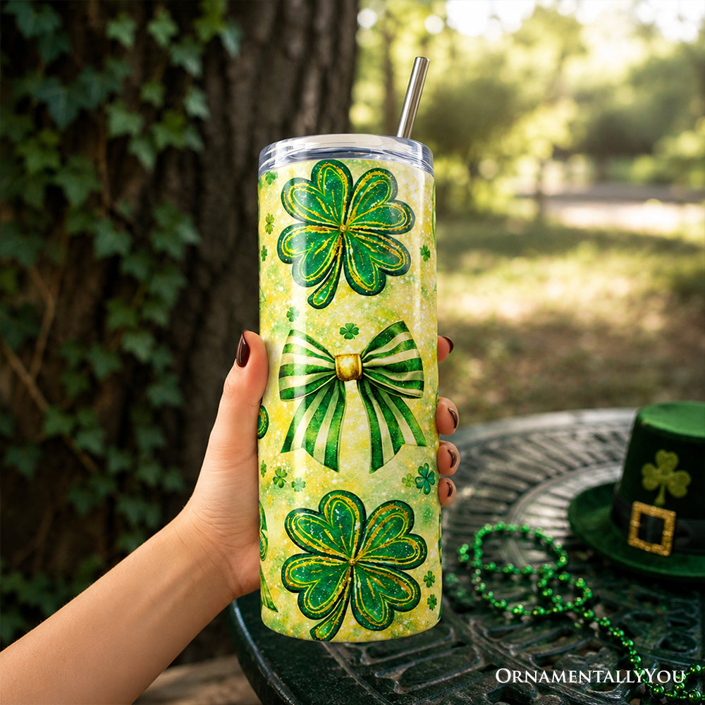 Green Shamrock Bow Pattern 20oz Personalized Tumbler With Lid and Stainless Steel Straw, Coquette St Patrick Gift Cup