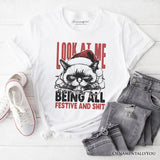 Grumpy Christmas Cat T‑Shirt, Funny Santa Hat Holiday Lights Tee for Sarcastic Festive People