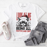 Grumpy Christmas Cat T‑Shirt, Funny Santa Hat Holiday Lights Tee for Sarcastic Festive People