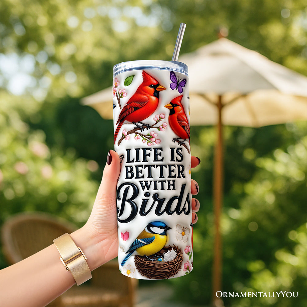 Inflated Life Is Better With Birds 20oz Personalized Tumbler With Lid and Stainless Steel Straw, Colorful Birdwatcher Gift Cup