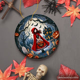 Mysterious Red Riding Hood in the Woods Ornament, Spooky Halloween Tree Decor