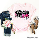 Nurse Floral Coquette Pink Bow T-Shirt, Retro Stethoscope Checkered Tee