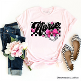 Nurse Floral Coquette Pink Bow T-Shirt, Retro Stethoscope Checkered Tee