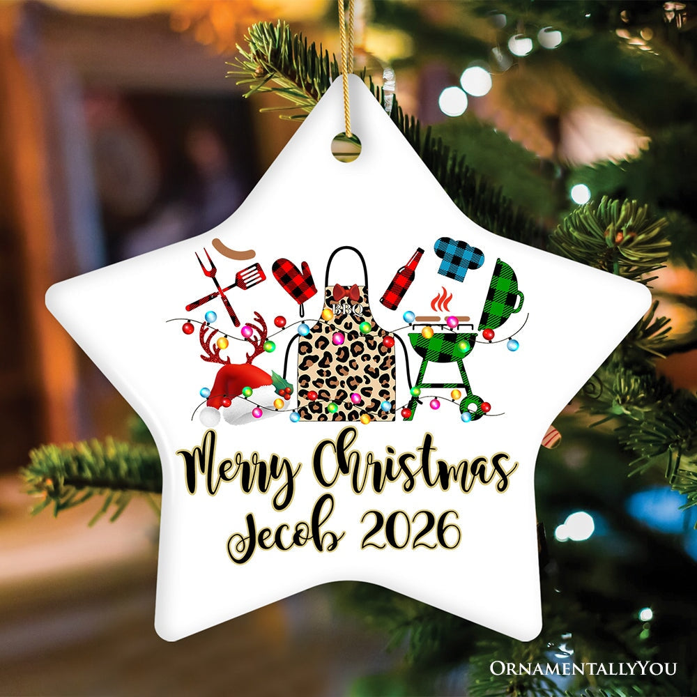 Personalized BBQ Buffalo Plaid Leopard Merry Christmas Ornament, Barbecue Gift
