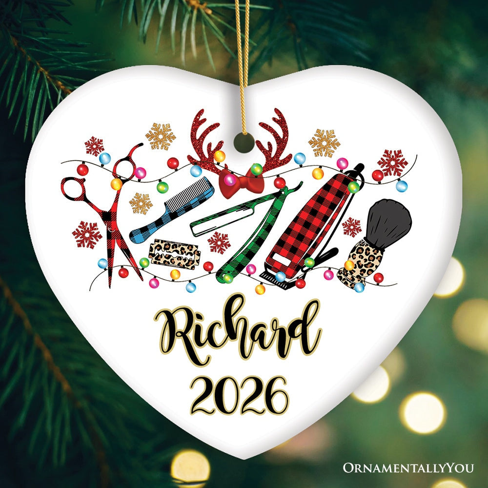 Personalized Barber Buffalo Plaid Leopard Merry Christmas Ornament, Barbershop Gift