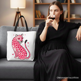 Pink Leopard Valentine Canvas Tote Bag, Cute Hearts Reusable Urban Bag