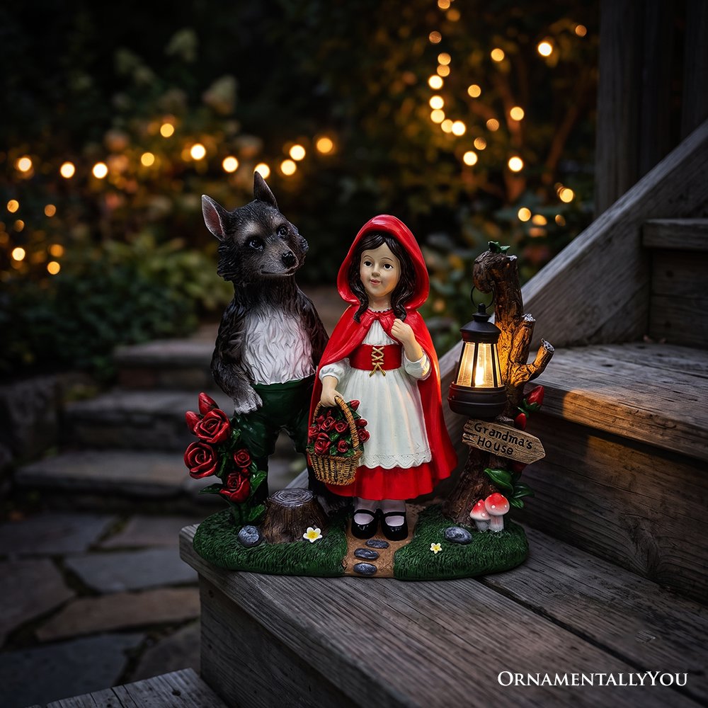 Solar Powered Little Red Riding Hood Garden Statue, 12" Lighted Fairy Tale Figurine Outdoor Decor