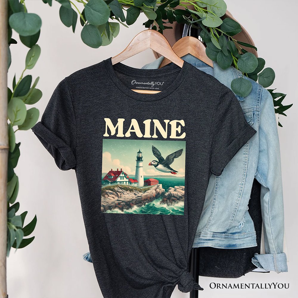 Vintage Maine State Lighthouse and Puffin T-Shirt, New England Coastal Tee and Seaside Souvenir