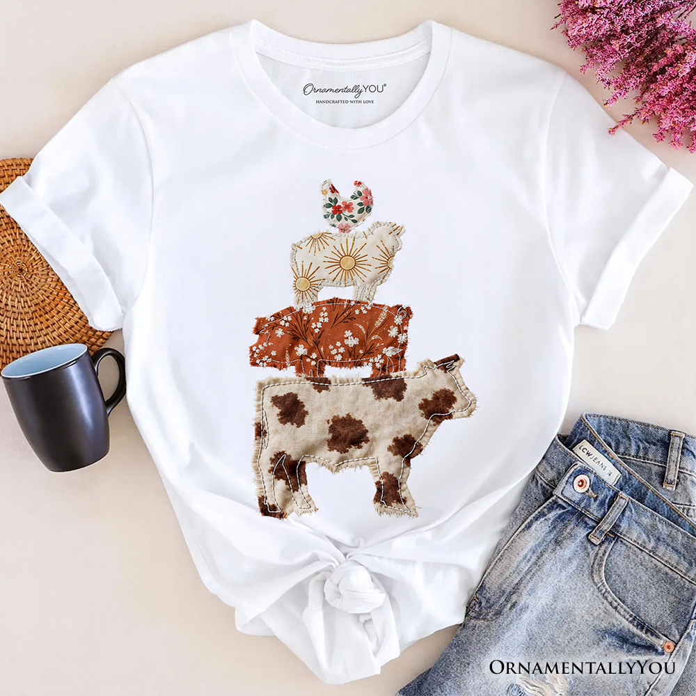Western Farm Animals Printed Faux Patchwork T-Shirt, Country Cow Pig Sheep Hen Tee