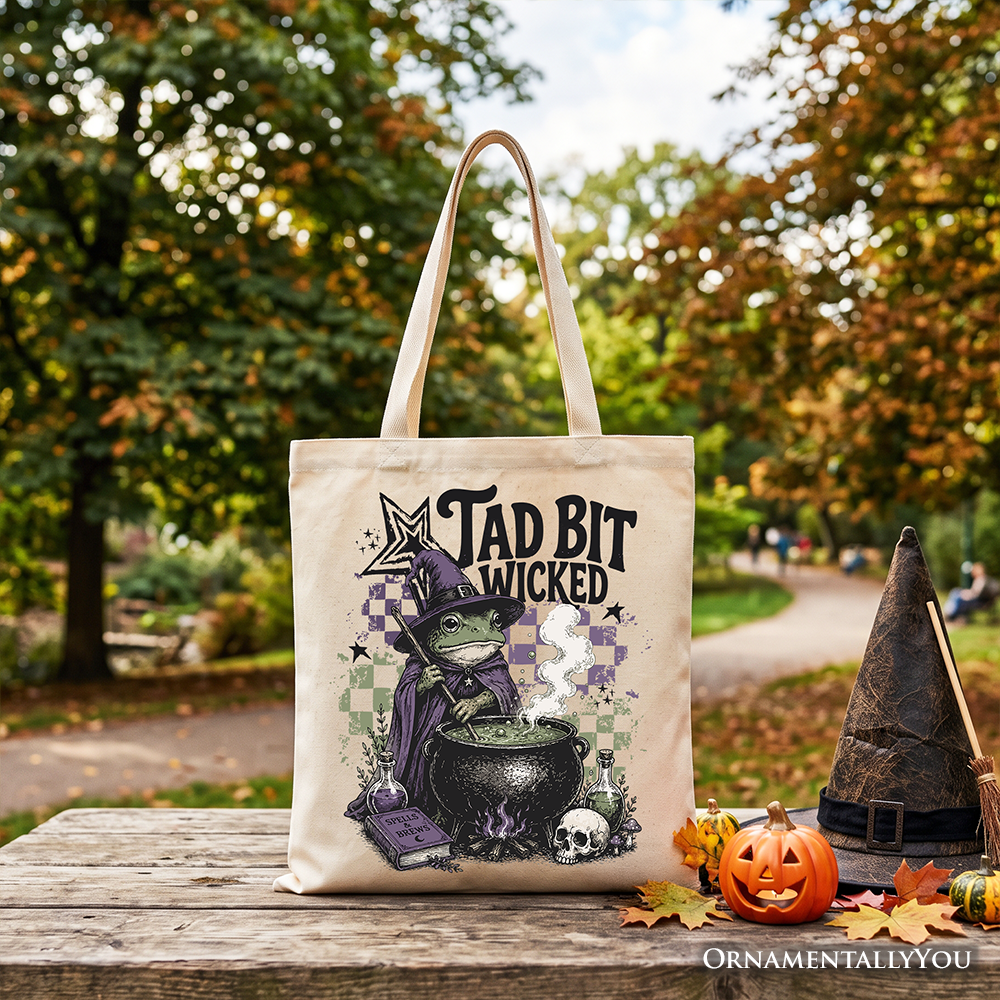 Tad Bit Wicked Frog Witch Tote Bag, Spooky Halloween Cauldron Gift Shopper