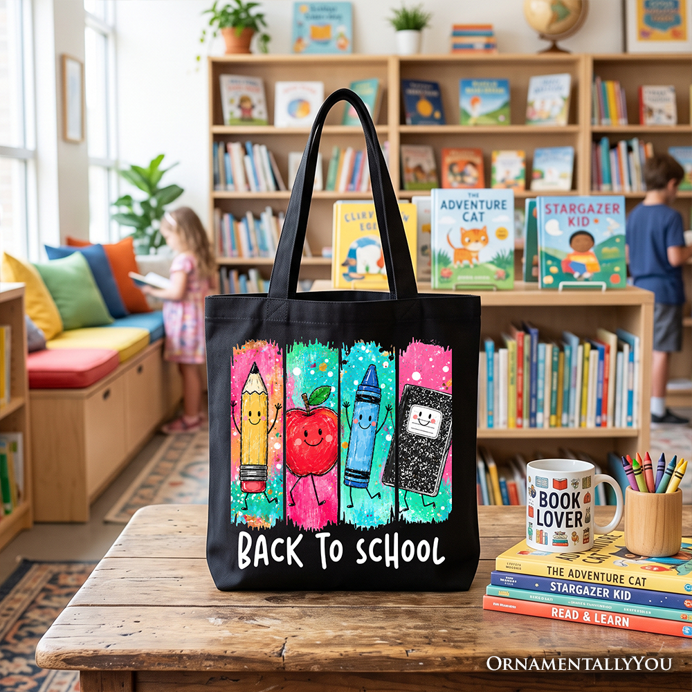 Brushstroke Back to School Tote Bag, Apple Pencil Notebook Gift Shopper for Teachers