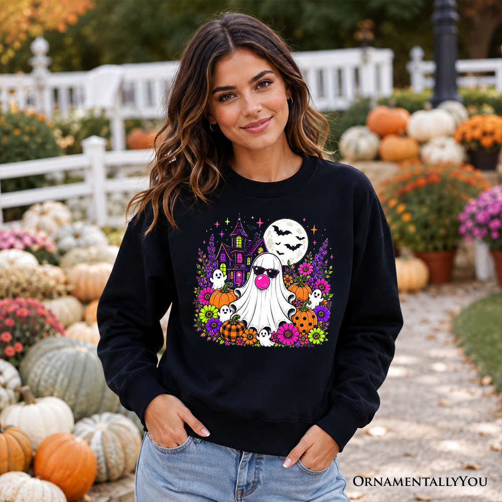 Bubblegum Ghost Haunted House Sweatshirt, Colorful Floral Halloween Pumpkin Sweater