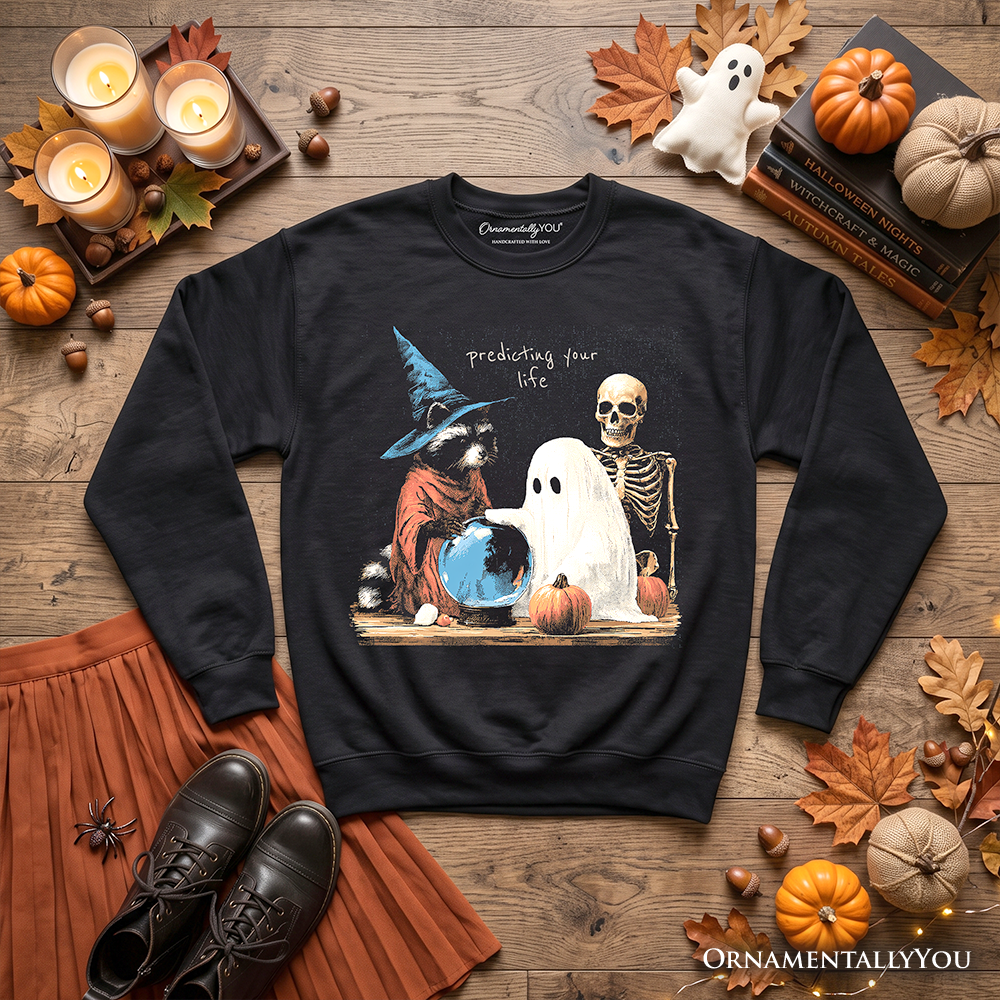 Predicting Your Life Witch Racoon Sweatshirt, Vintage Halloween Ghost Skeleton Fortune Teller Sweater