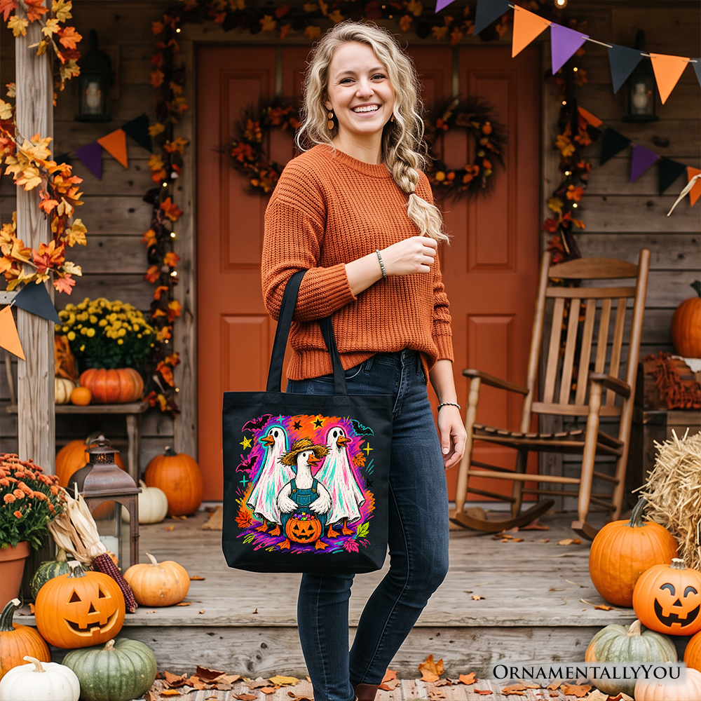 Trick or Treat Geese Tote Bag, Colorful Halloween Ghost Costume Gift Shopper