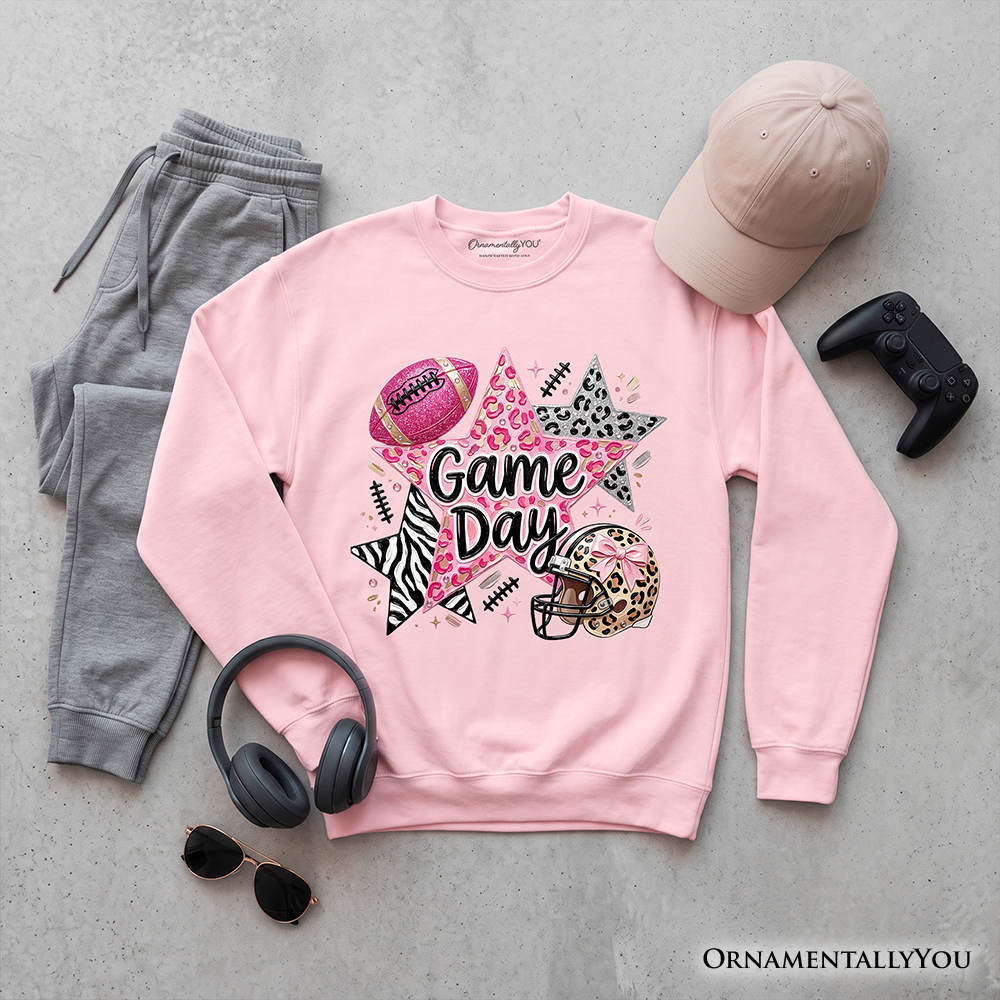 Leopard Pink Stars Football Sweatshirt, Coquette Game Day Sweater