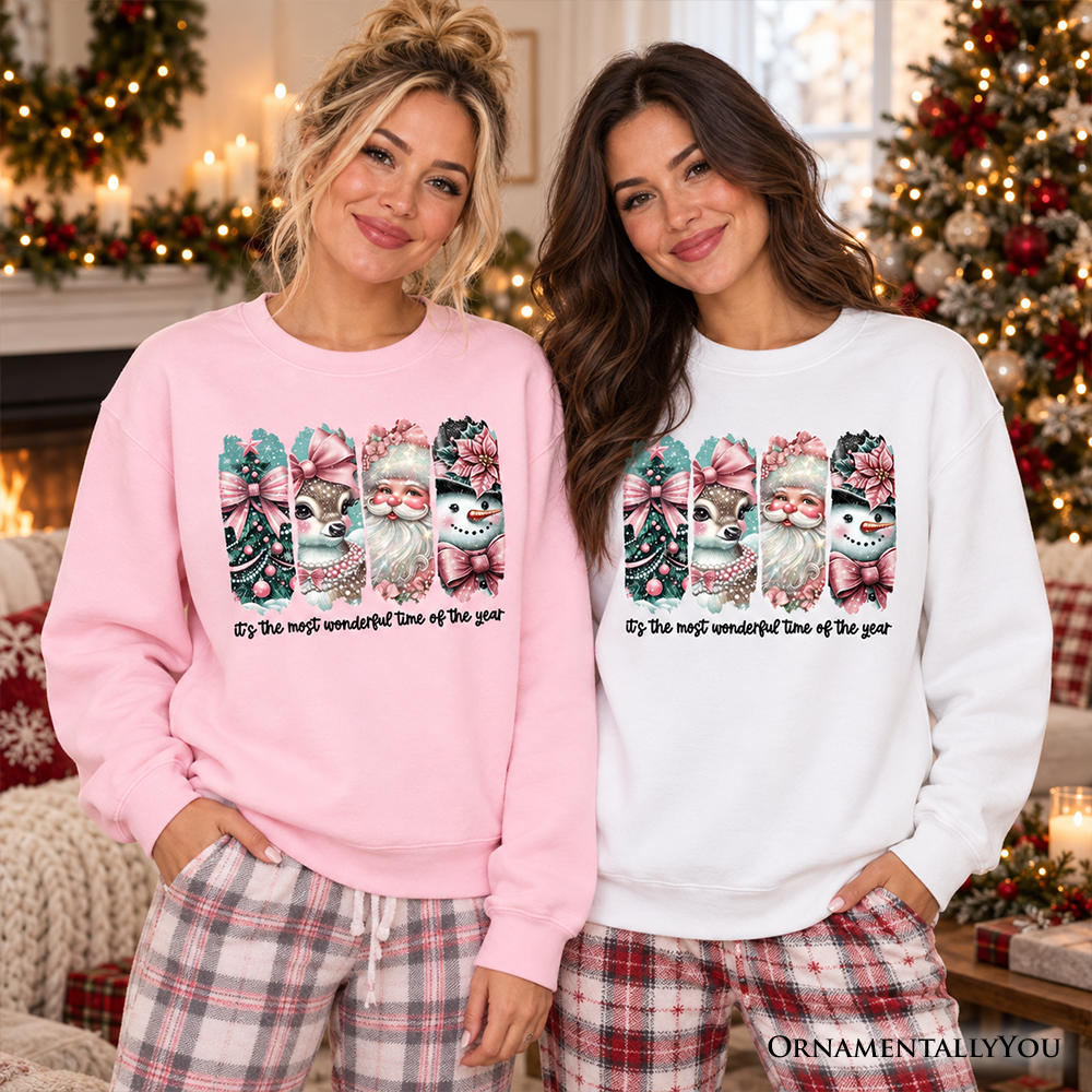 Coquette Pink Christmas Sweatshirt, It's The Most Wonderful Time Of The Year Vintage Tree, Reindeer, Santa and Snowman Sweater