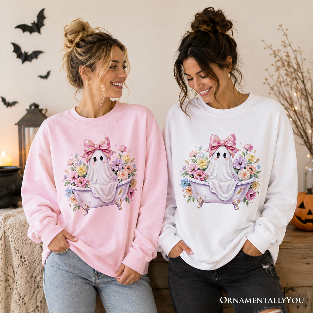 Pink Bow Bathtub Ghost Sweatshirt, Floral Coquette Halloween Sweater
