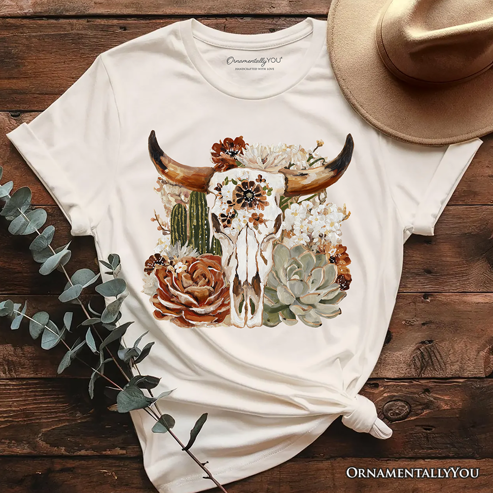 Boho Floral Cow Skull T-Shirt, Western Autumn Cowgirl Tee