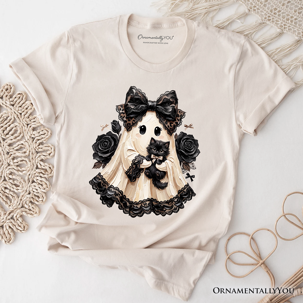Gothic Ghost with Black Cat T-Shirt, Black Rose Coquette Halloween Tee