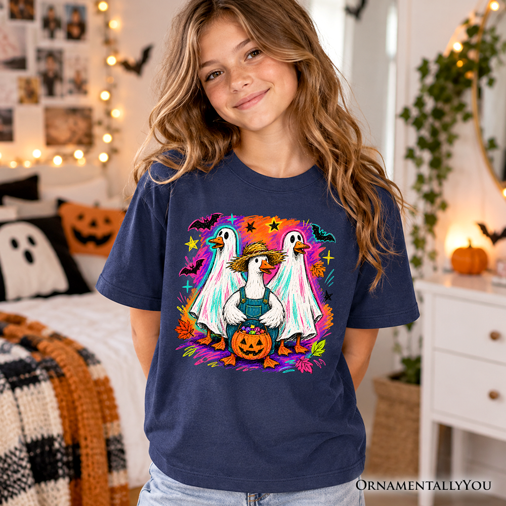 Kids Trick or Treat Geese T-Shirt, Colorful Halloween Ghost Costume Youth Tee