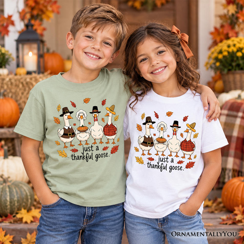 Kids Just a Thankful Goose T-Shirt, Funny Thanksgiving Family Turkey Day Youth Tee