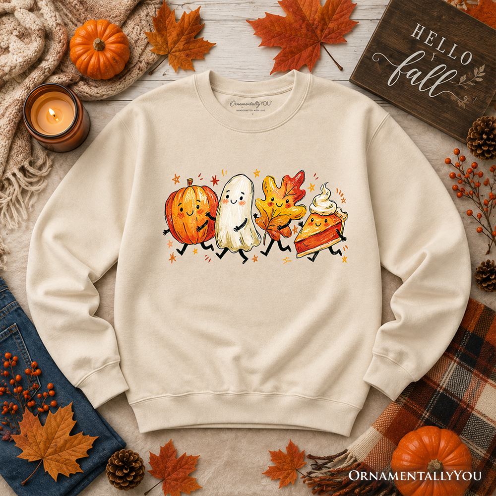 Cute Fall Characters Sweatshirt, Pumpkin Ghost Leaf Pie Autumn Sweater