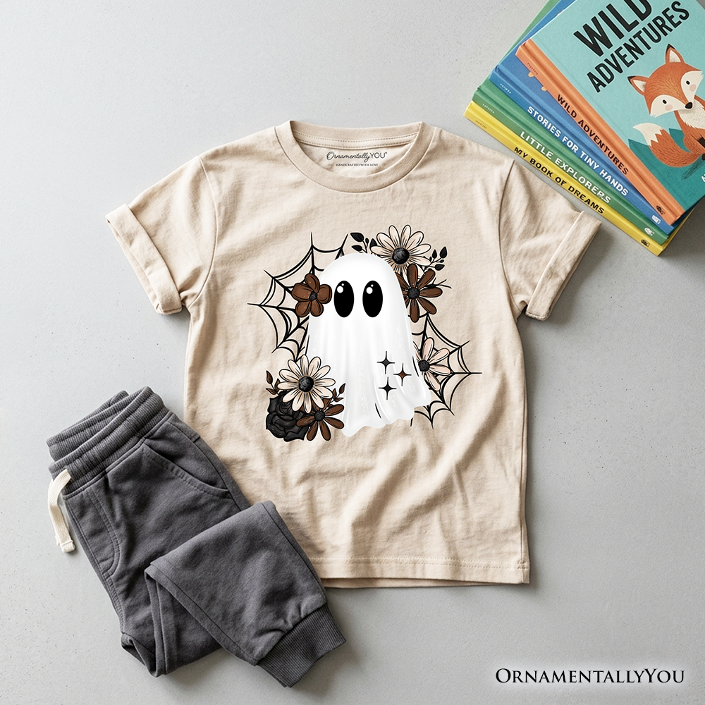 Kids Floral Ghost T-Shirt, Neutral Boho Halloween Spider Web Youth Tee