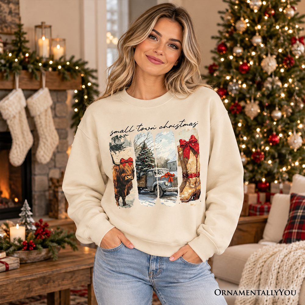 Small Town Christmas Sweatshirt, Highland Cow Rustic Western Cowgirl Holiday Sweater