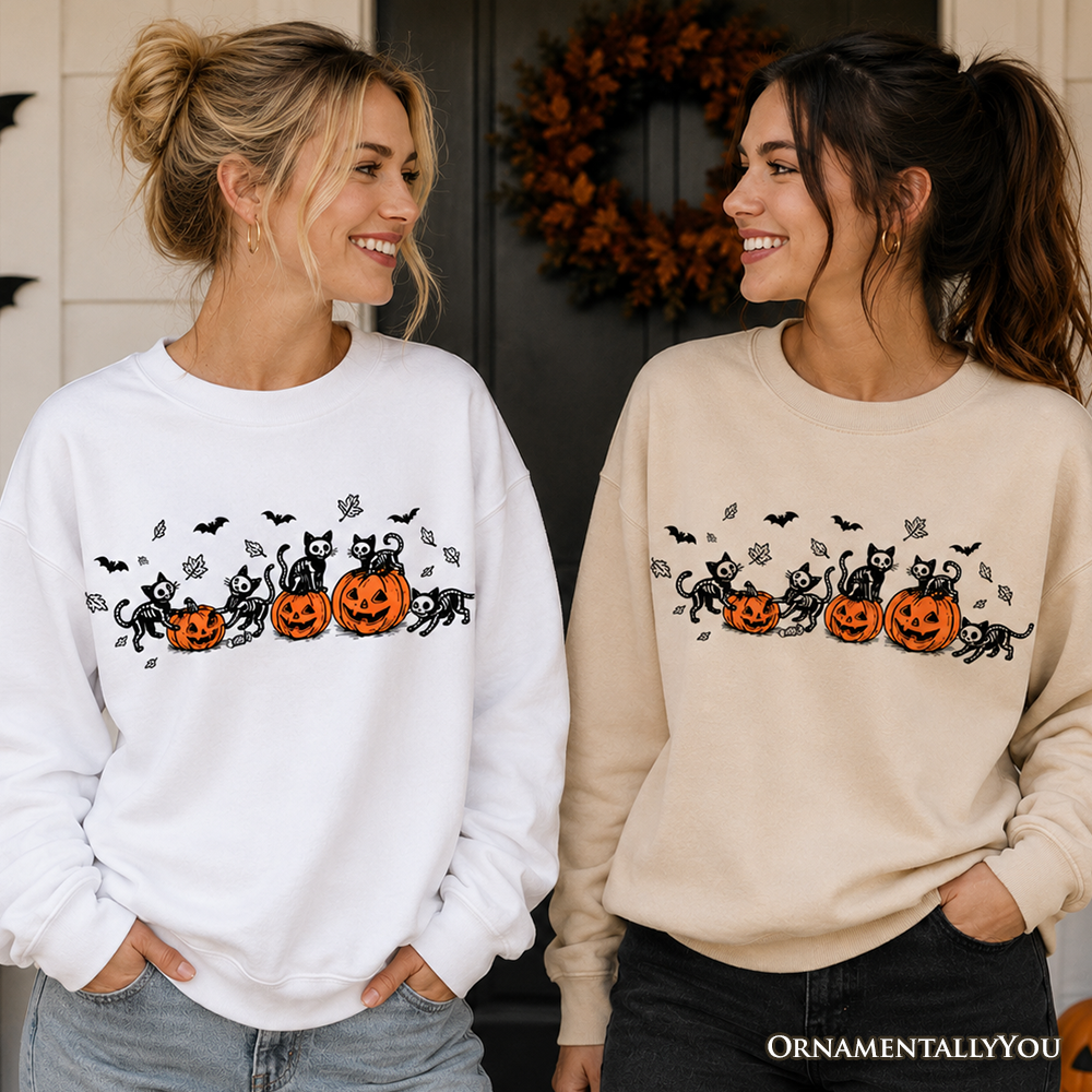 Skeleton Cats and Pumpkins Sweatshirt, Spooky Halloween Black Cat Sweater