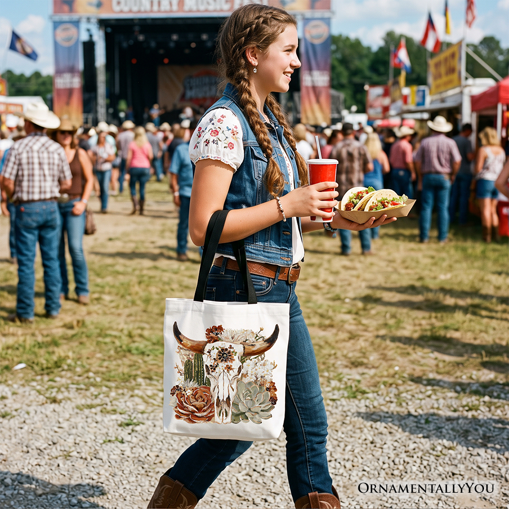 Boho Floral Cow Skull Tote Bag, Western Autumn Cowgirl Gift Shopper