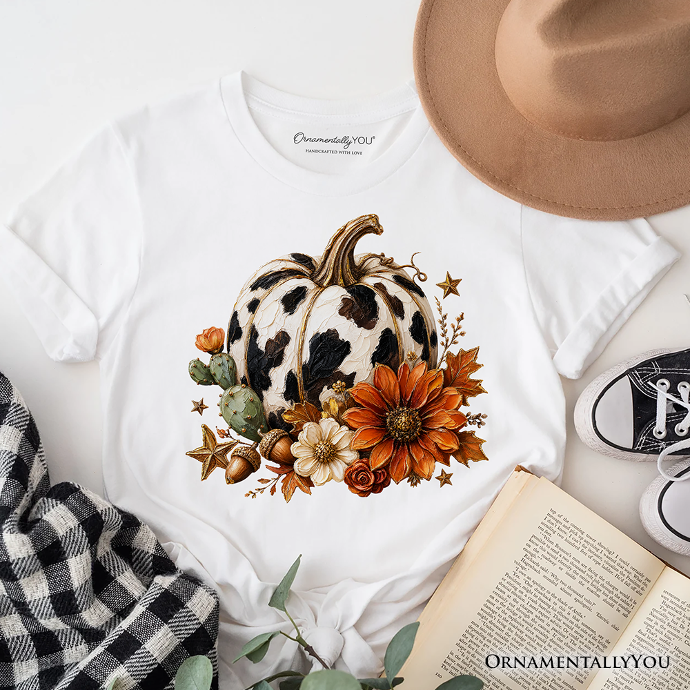 Cow Pumpkin Floral T-Shirt, Western Autumn Harvest Tee