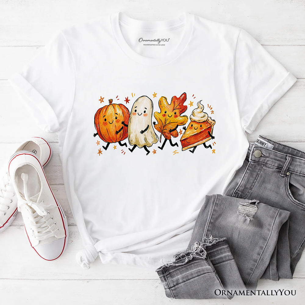 Cute Fall Characters T-Shirt, Pumpkin Ghost Leaf Pie Autumn Tee