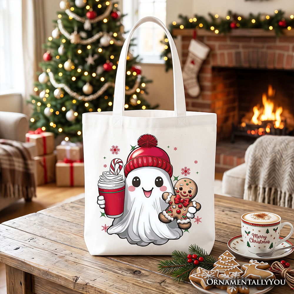 Cute Ghost Christmas Tote Bag, Adorable Gingerbread and Cocoa Holiday Gift Shopper