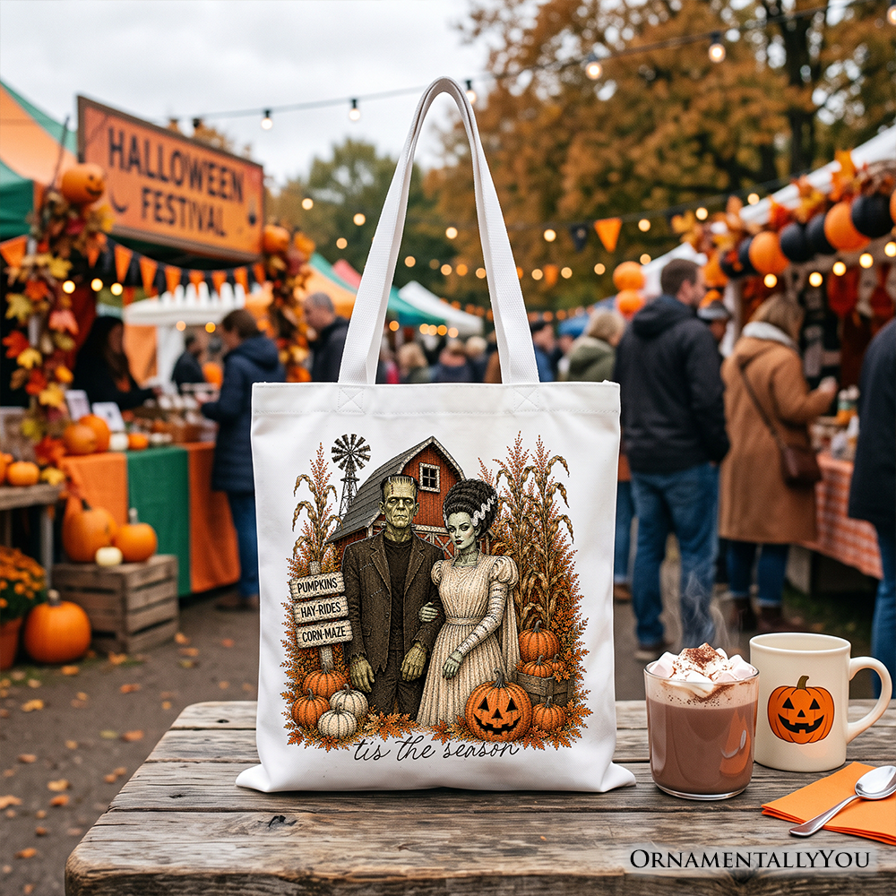 Frankenstein Couple Pumpkin Patch Tote Bag, Vintage Halloween Fall Festival Gift Shopper