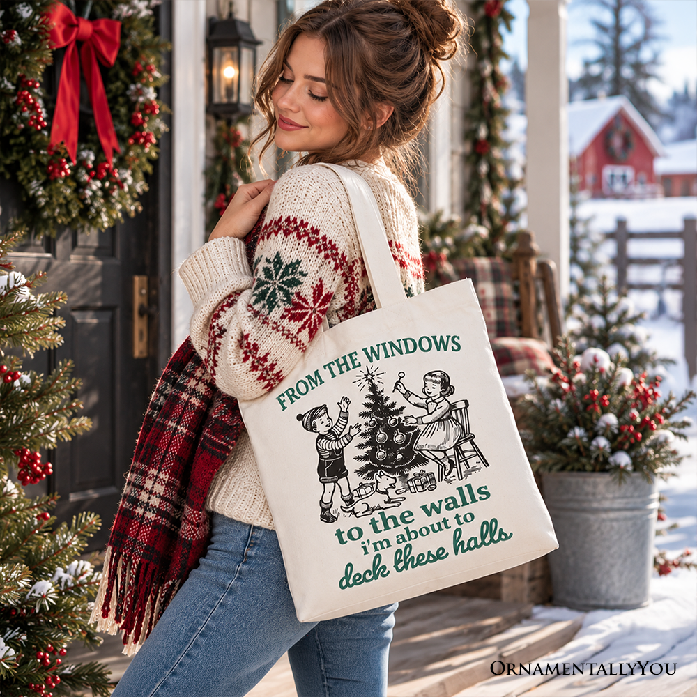 From the Windows to the Walls Deck These Halls Tote Bag, Funny Vintage Christmas Gift Shopper