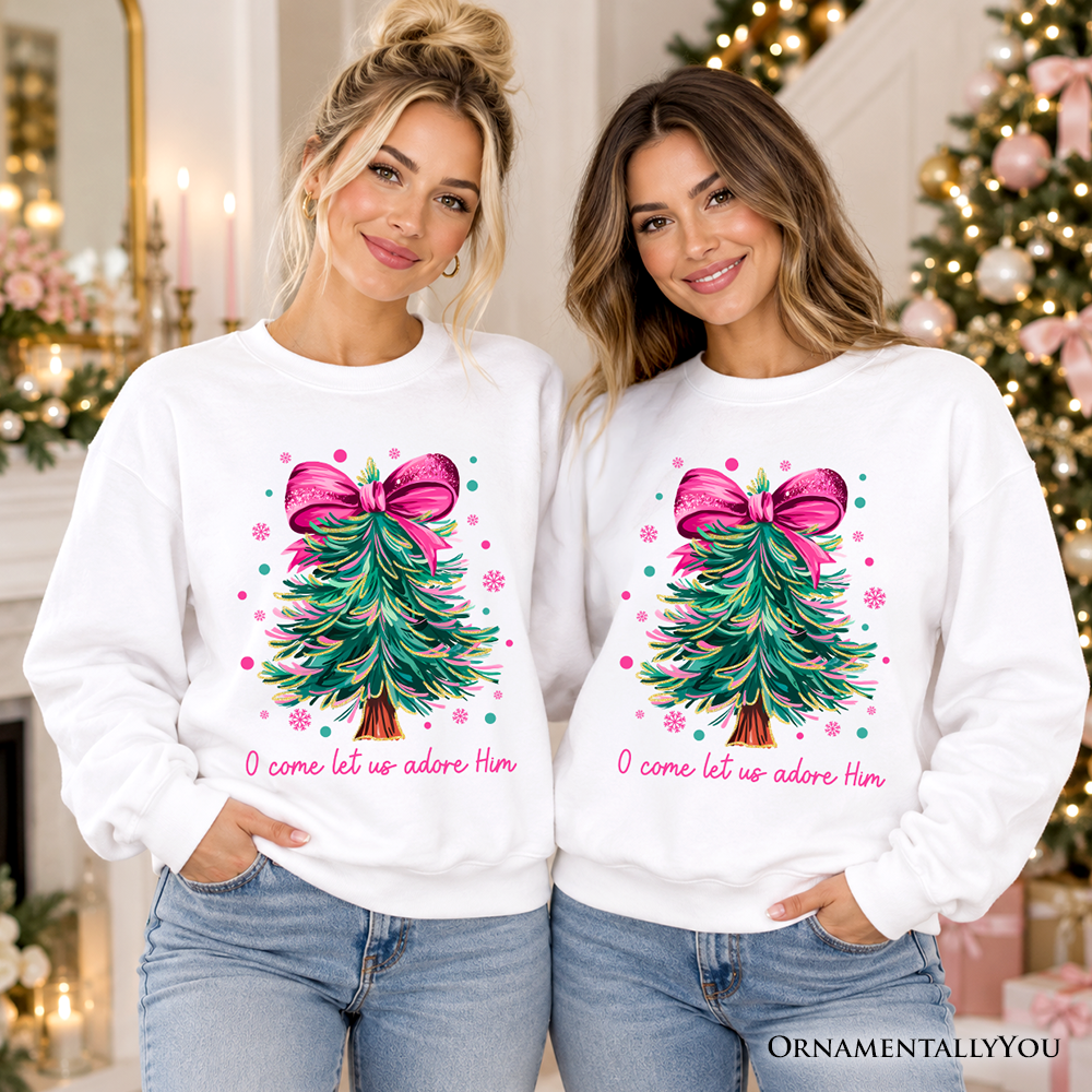 Glitter Christmas Tree Coquette Bow Sweatshirt, O Come Let Us Adore Him Holiday Sweater