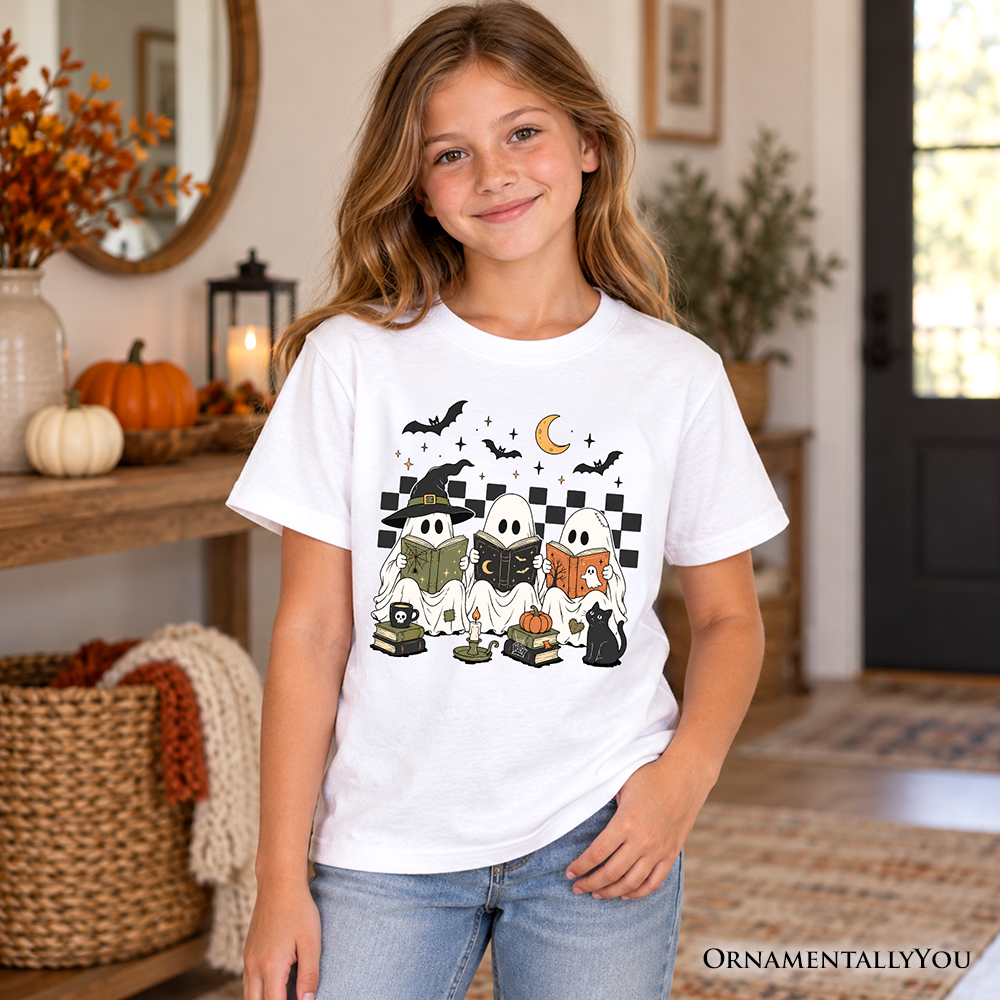 Kids Bookish Ghosts Reading T-Shirt, Checkered Halloween Witch Cat Youth Tee
